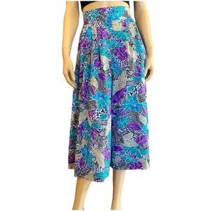 Vintage Pants High Waist Culottes Wide Leg Cropped Pants Floral Size M